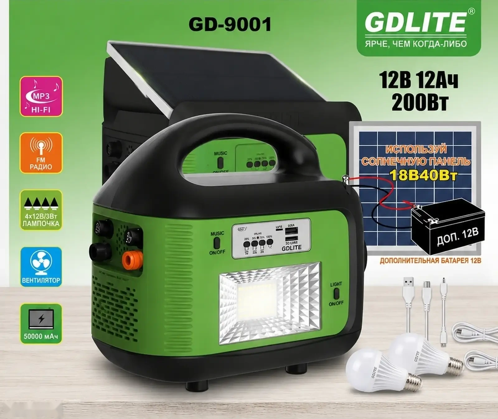 Солнечная электростанция GD-9001200W MP3 FM вентилятор — фото 2