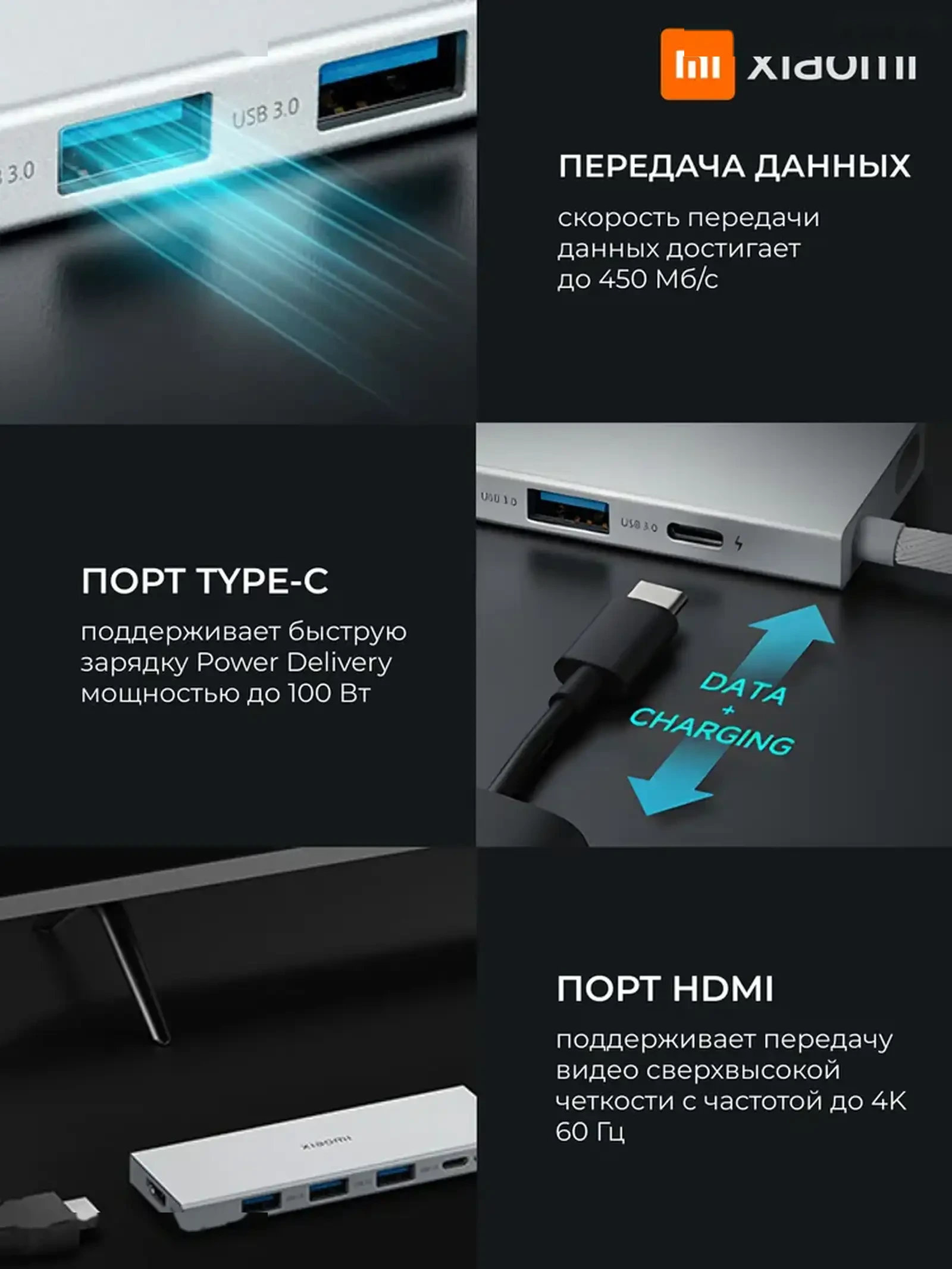 Хаб-разветвитель Xiaomi 5 в 1 Type-C / USB 3.0 / HDMI 4K / PD 100W — фото 5