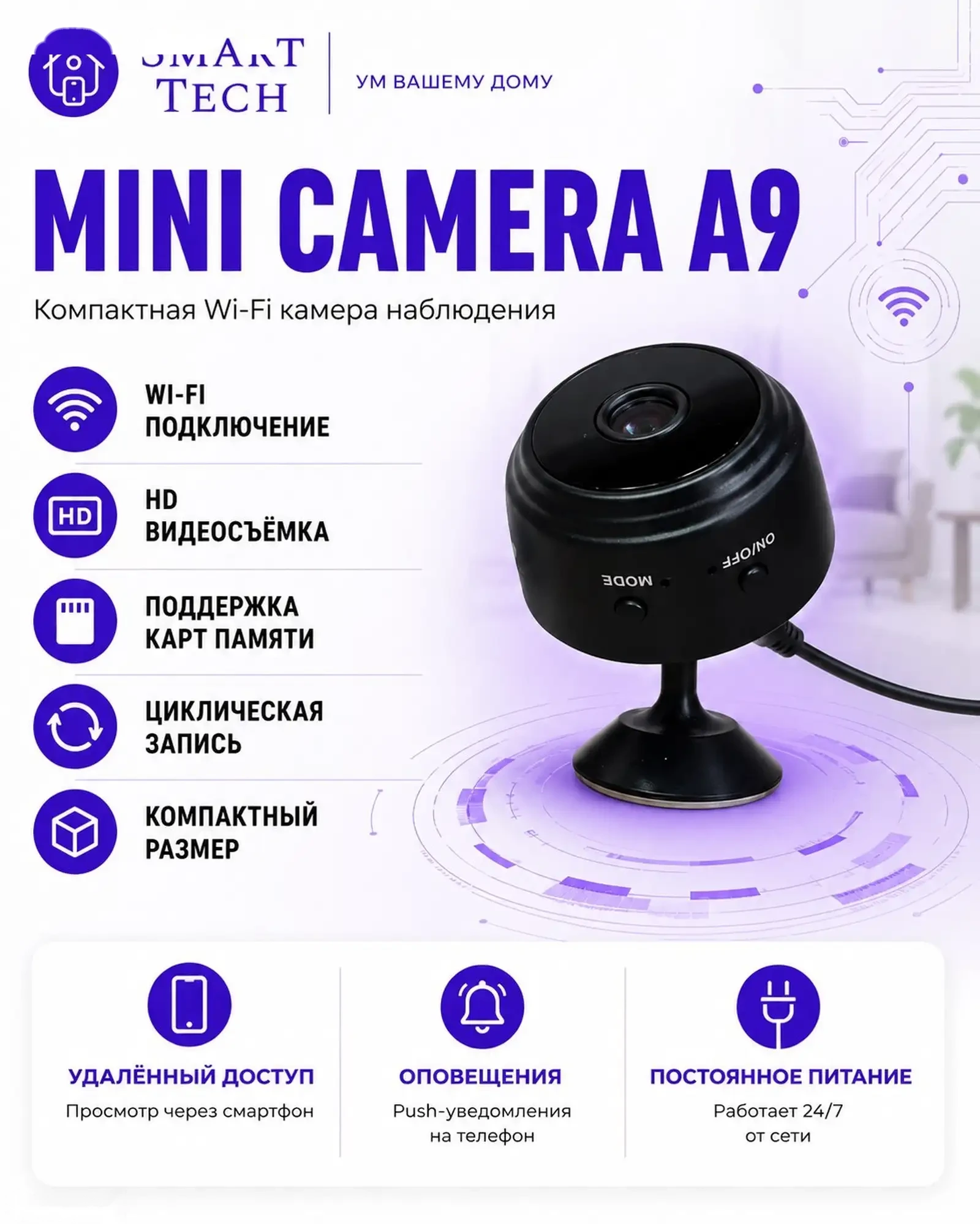 Мини Wi-Fi камера А9 проводная — фото 2