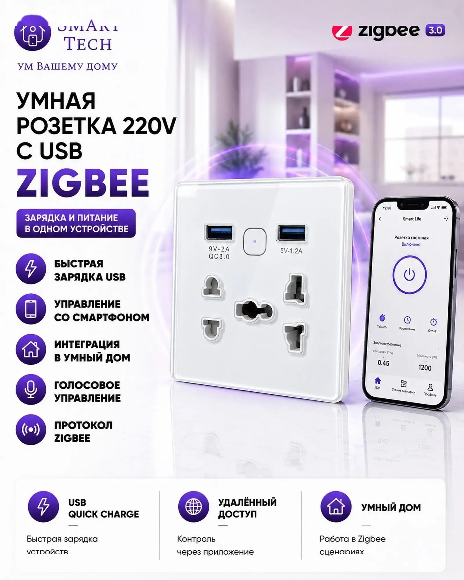 Умная розетка 220 V с USB, zigbee — фото 2