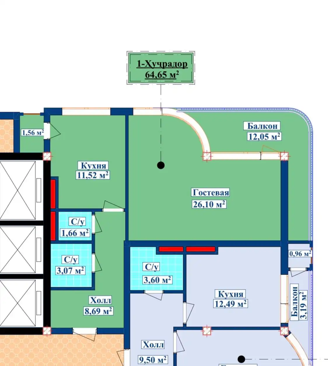 1-к квартира, 1 этаж, 64 м², Шохмансур