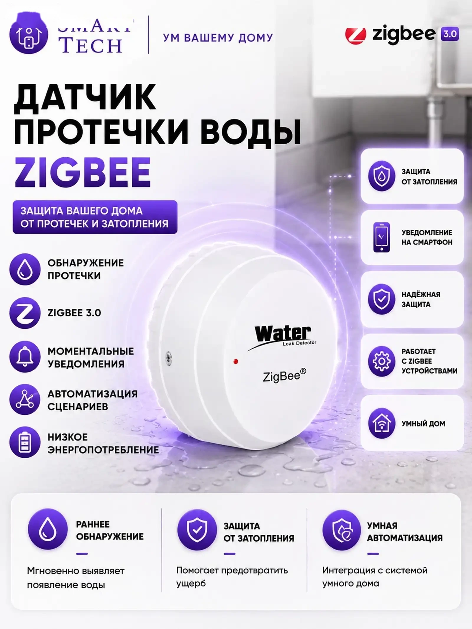 Умный беспроводной датчик протечки воды ZigBee — фото 2