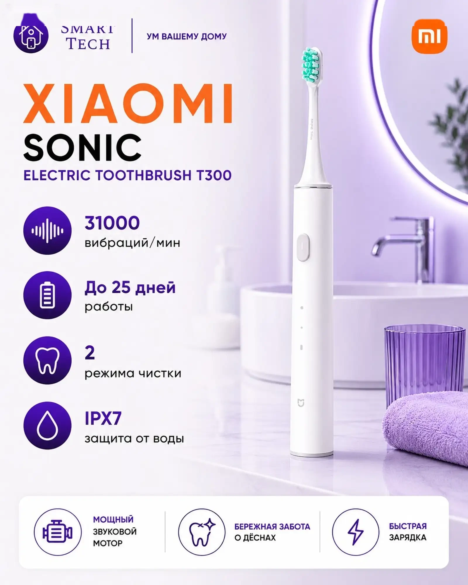 Электрическая зубная щетка Xiaomi Mijia Sonic Electric Toothbrush T300 — фото 2