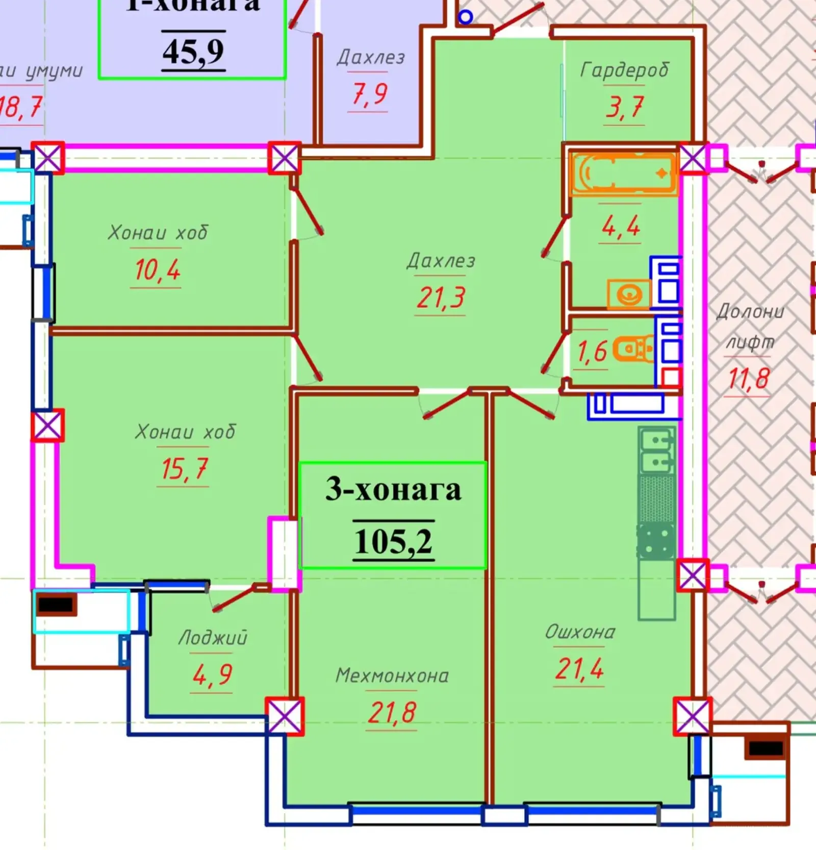 3-комн. квартира, 15 этаж, 106 м², Исмоили Сомони, Спартак, Лухтак — фото 2