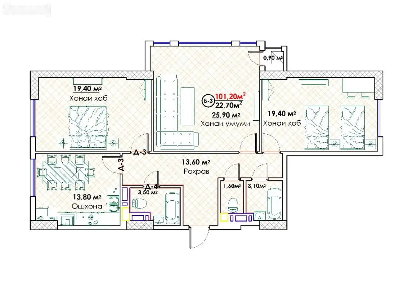 3-комн. квартира, 8 этаж, 101 м², И. Сомони — фото 5