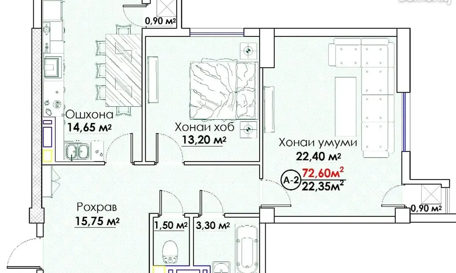 2-комн. квартира, 12 этаж, 73 м², Сомони