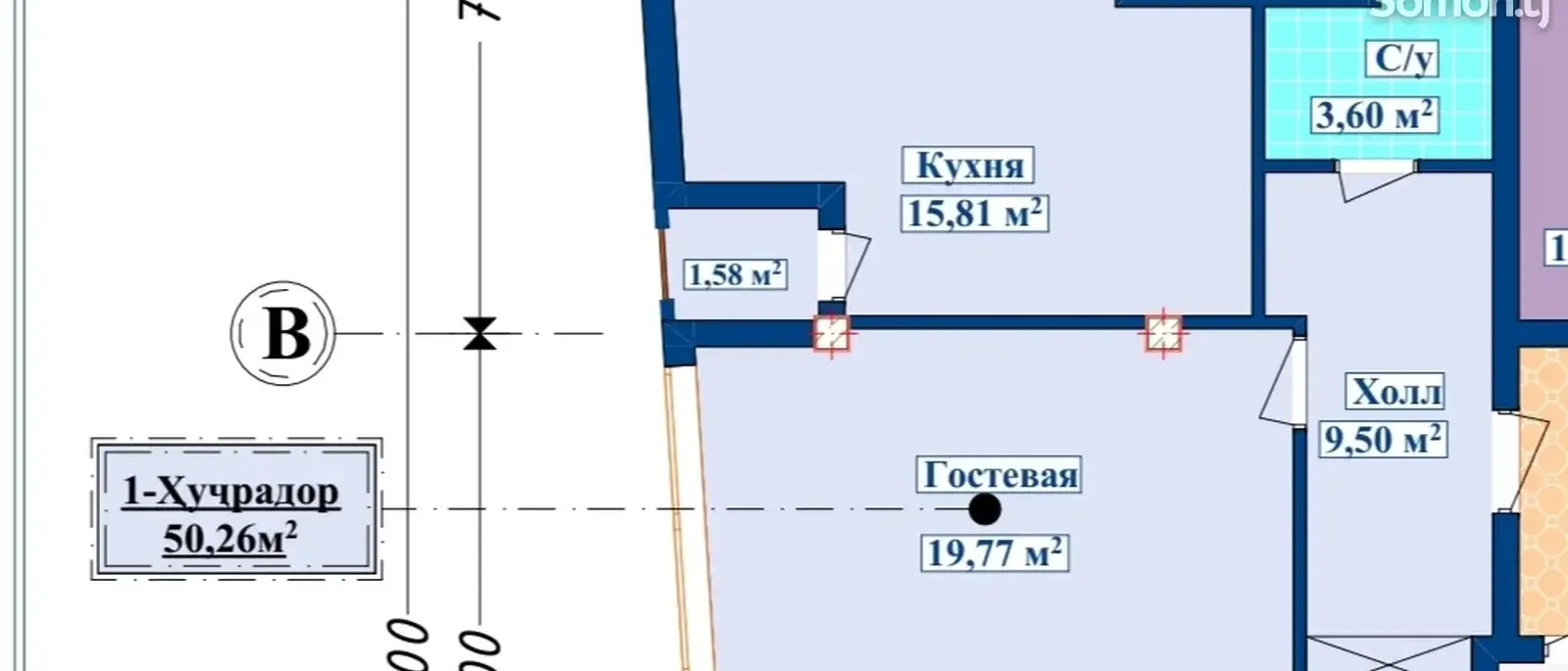 1-комн. квартира, 16 этаж, 50 м², И Сомонӣ — фото 2