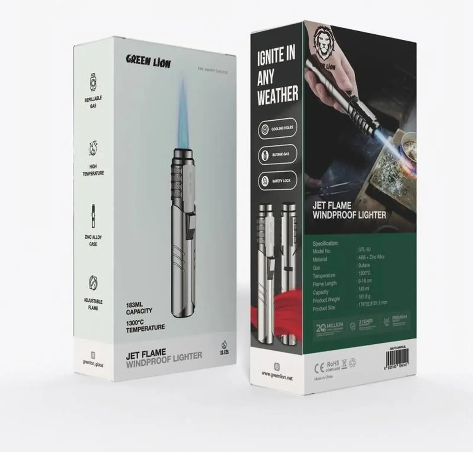 Ветрозащитная зажигалка Green Lion Jet Flame Windproof Lighter - Серый