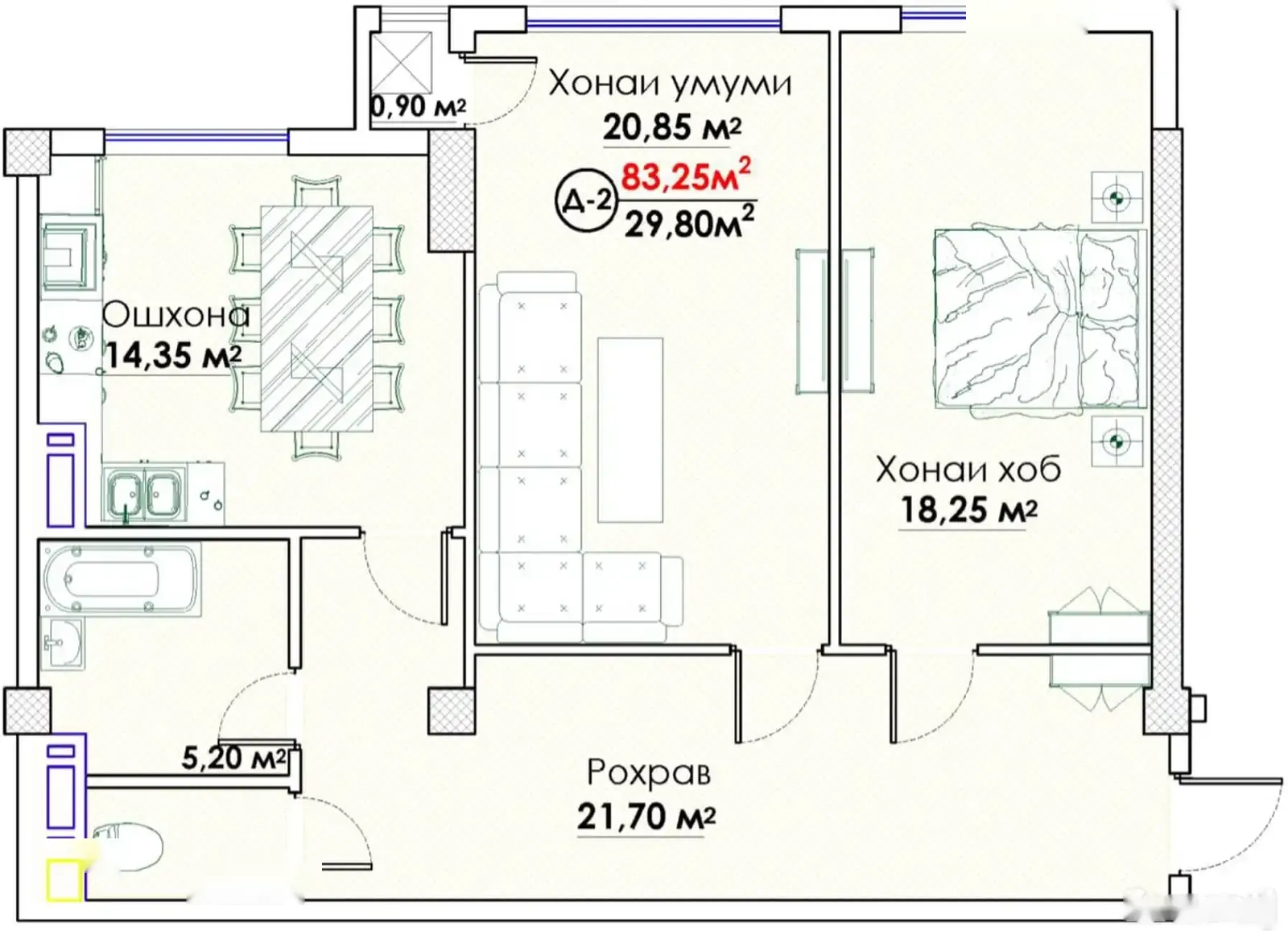 2-комн. квартира, 11 этаж, 84 м², И. Сомони — фото 3