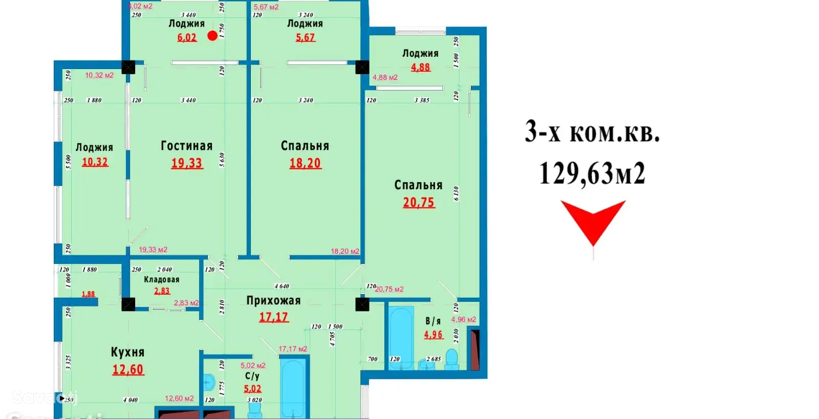 3-комн. квартира, 16 этаж, 130 м², Корвон — фото 3