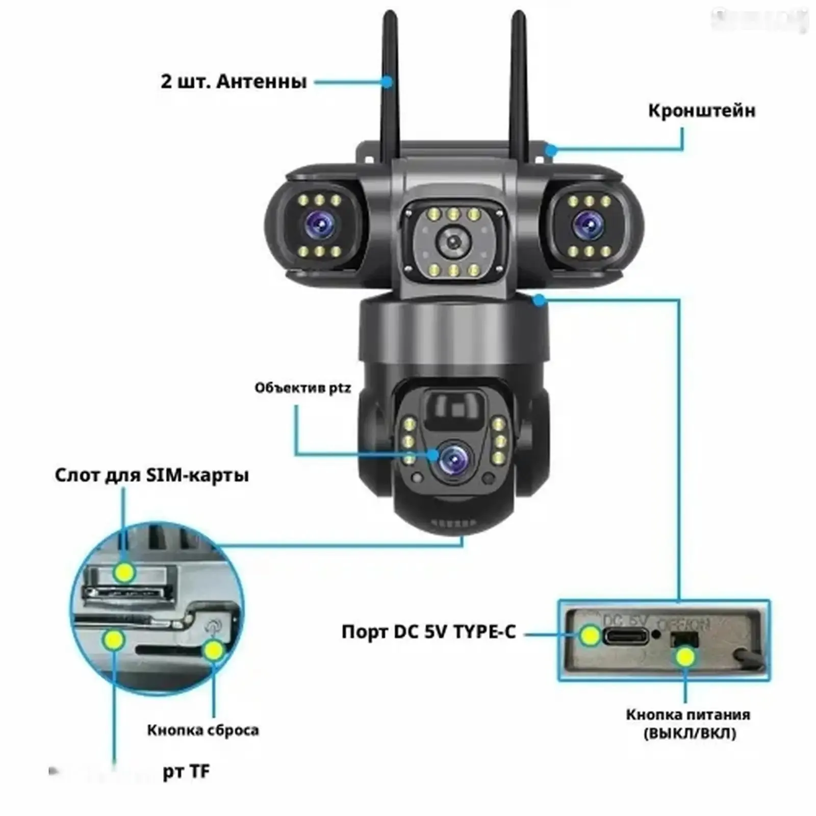Солнечная камера видеонаблюдения 4G с 3 объективами HD 12 МП 6K