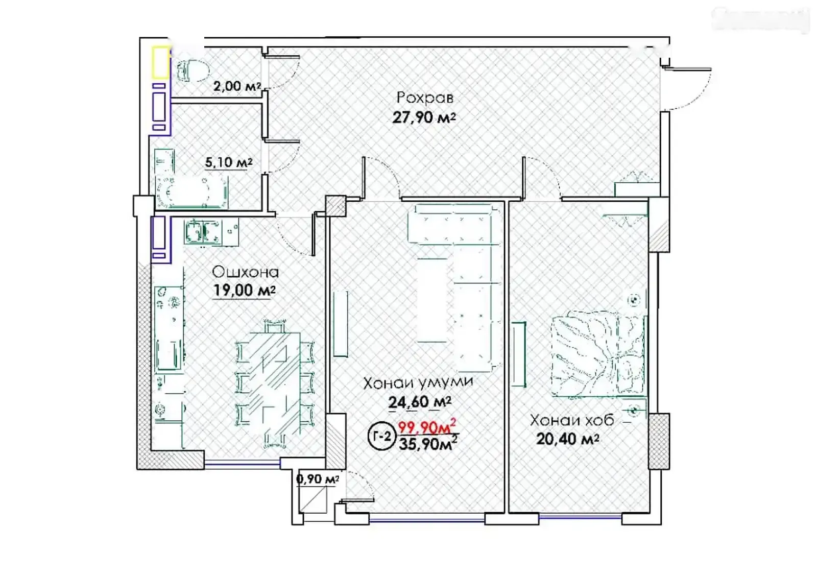 2-комн. квартира, 5 этаж, 100 м², И. Сомони — фото 6