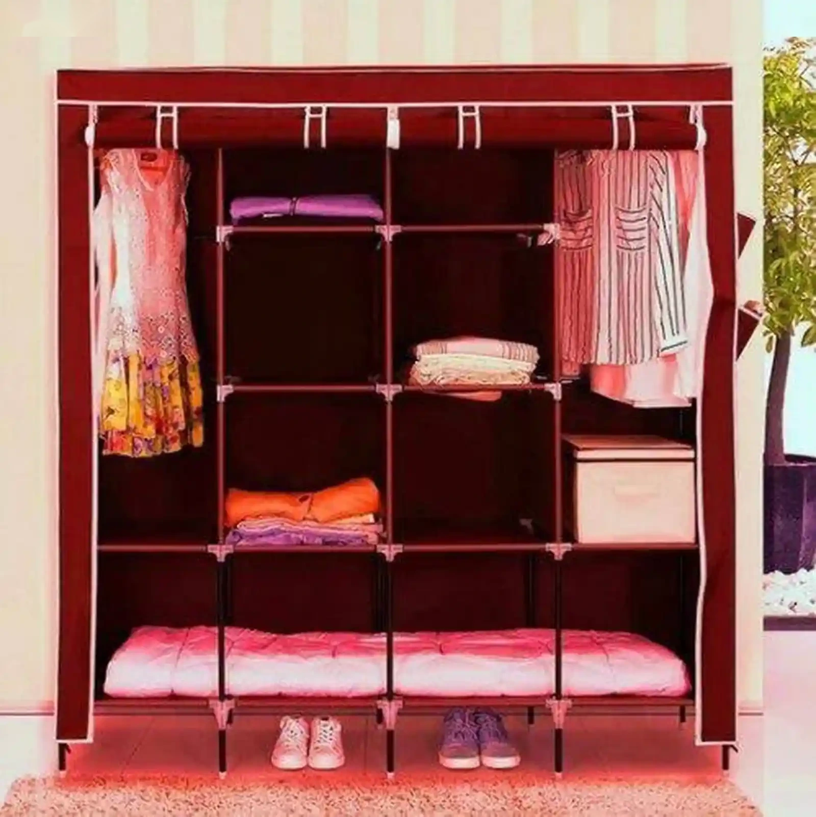 Складной шкаф Каркасный Тканевый Storage Wardrobe для одежды, бордовый — фото 2
