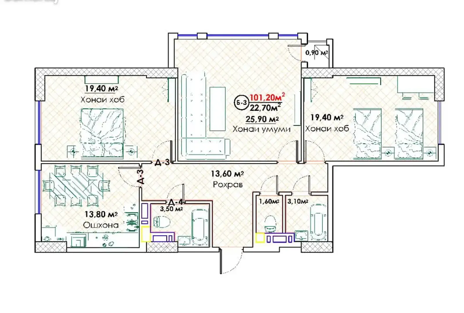 3-комн. квартира, 15 этаж, 101 м², Сомони — фото 3