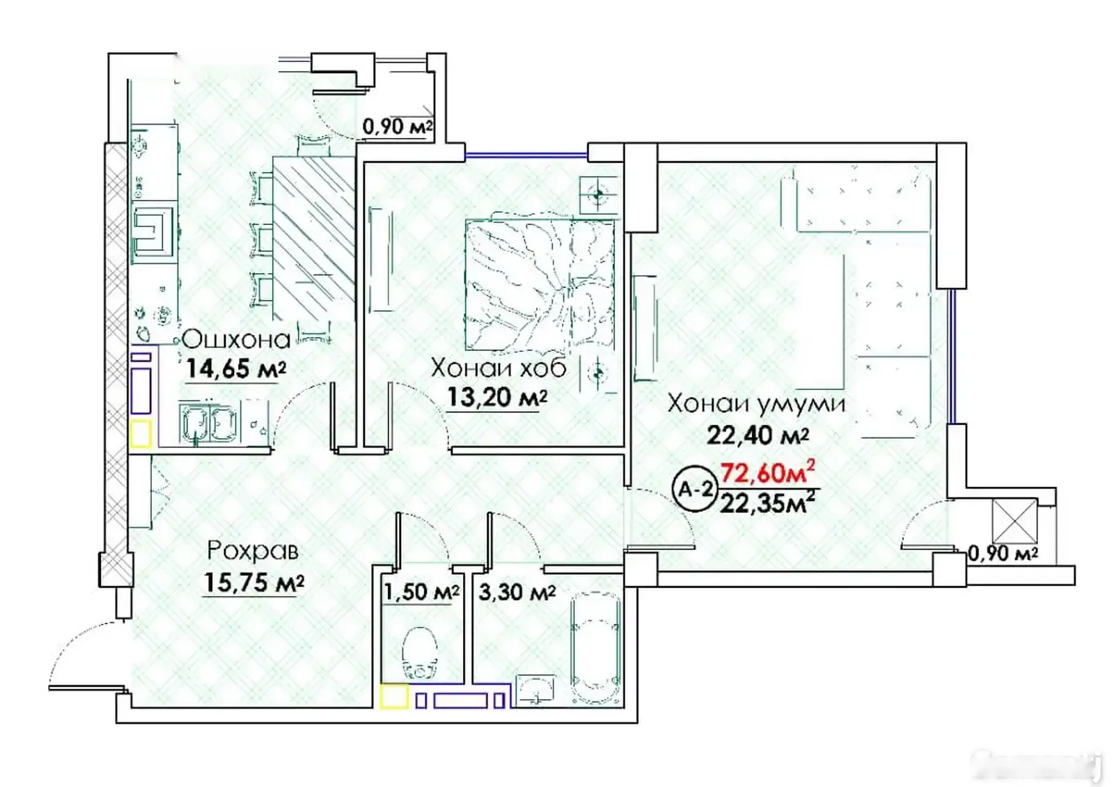 2-комн. квартира, 8 этаж, 73 м², И. Сомони — фото 3
