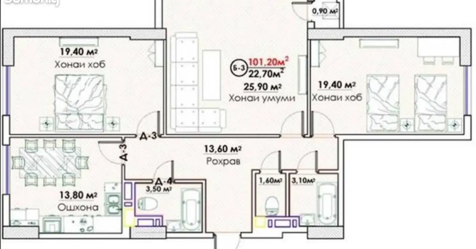 3-комн. квартира, 10 этаж, 101 м², Сомони — фото 2