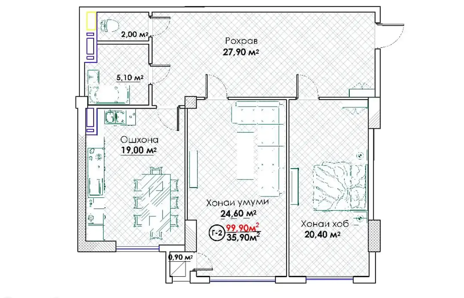 2-комн. квартира, 5 этаж, 100 м², Сомони — фото 3