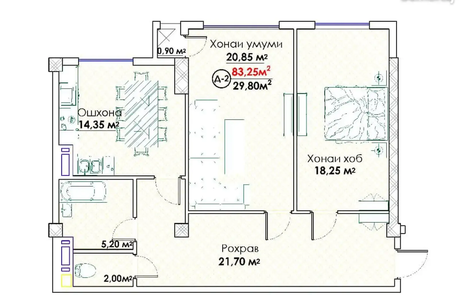 2-комн. квартира, 11 этаж, 83 м², н.Исмоили Сомони,кольцевой Пивзавод