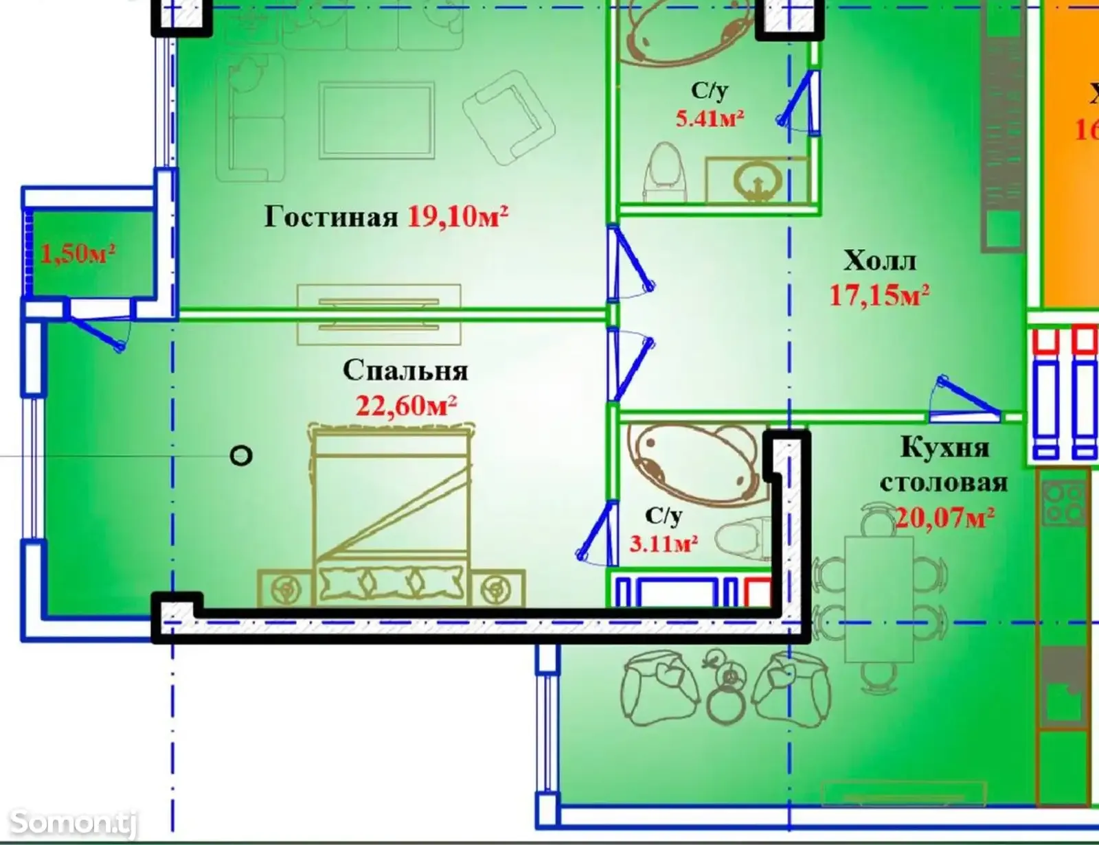 2-комн. квартира, 8 этаж, 92 м², И Сомони — фото 4