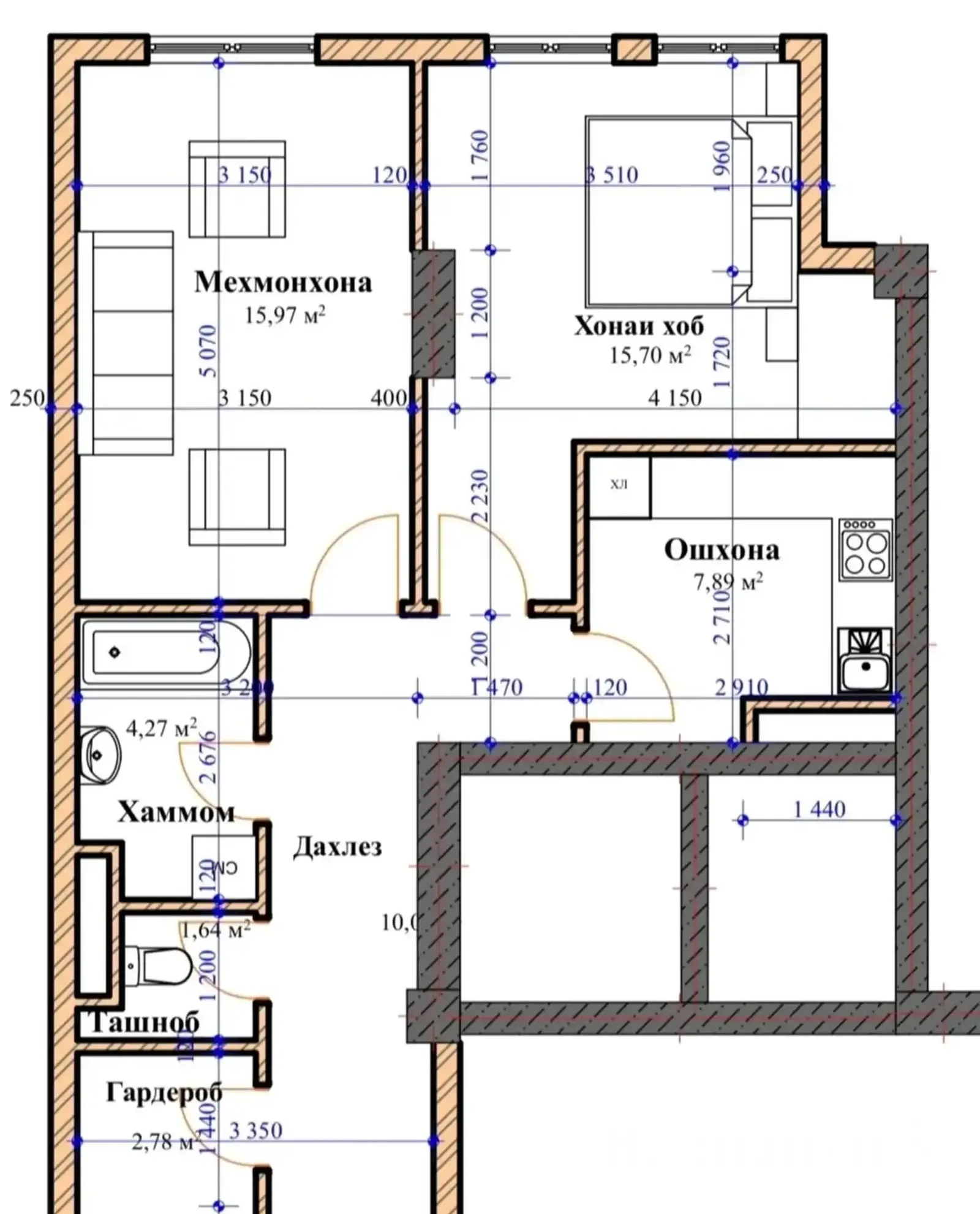 2-комн. квартира, 7 этаж, 65 м², Фирдавсӣ