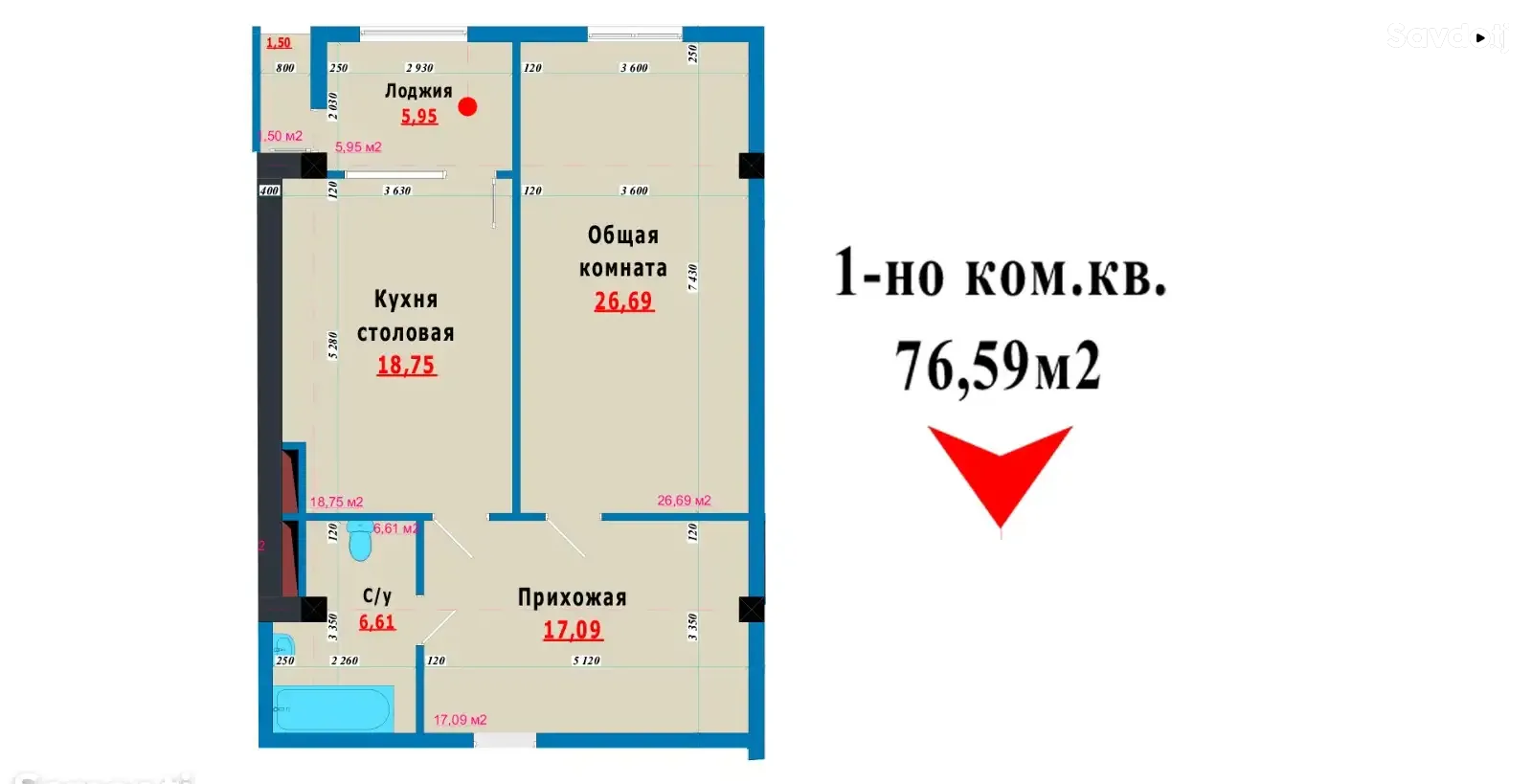 1-комн. квартира, 5 этаж, 76 м², Корвон — фото 3