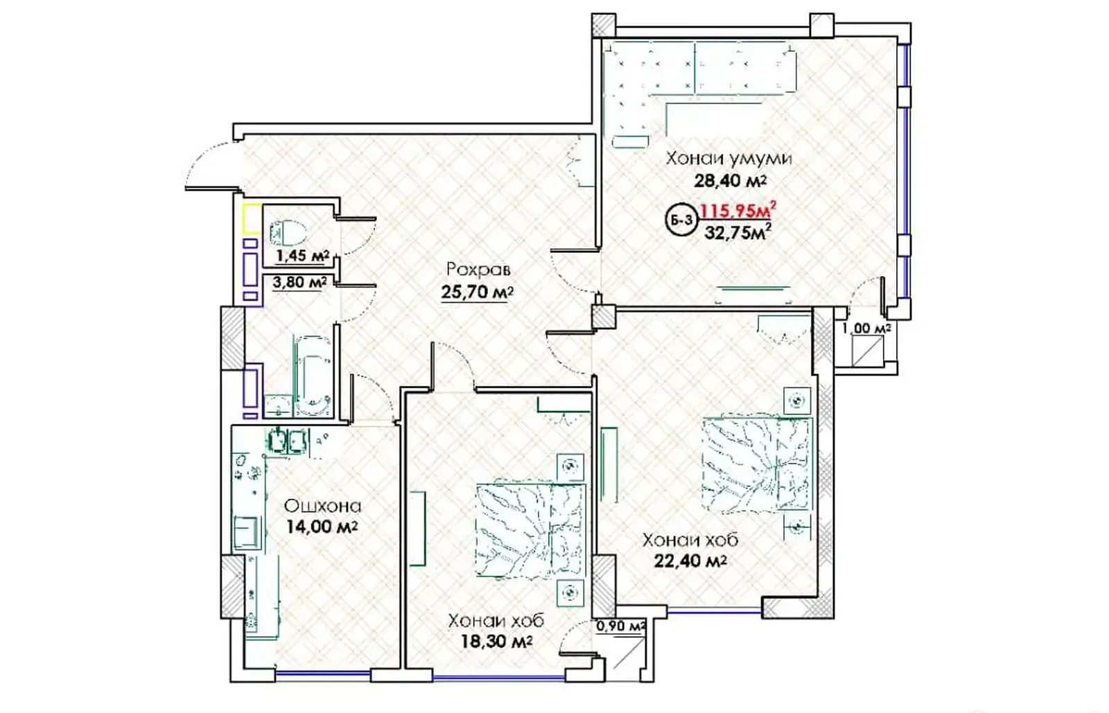 3-комн. квартира, 14 этаж, 116 м², Сомони — фото 3