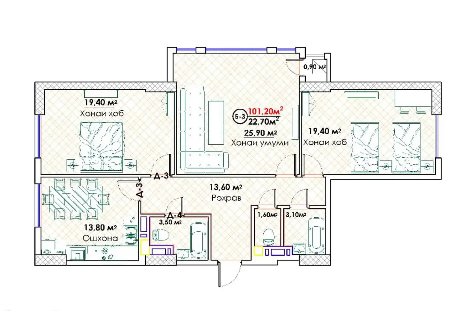 3-комн. квартира, 15 этаж, 101 м², Исмоили Сомони, Спартак, Кольцевой Пивзавод — фото 3