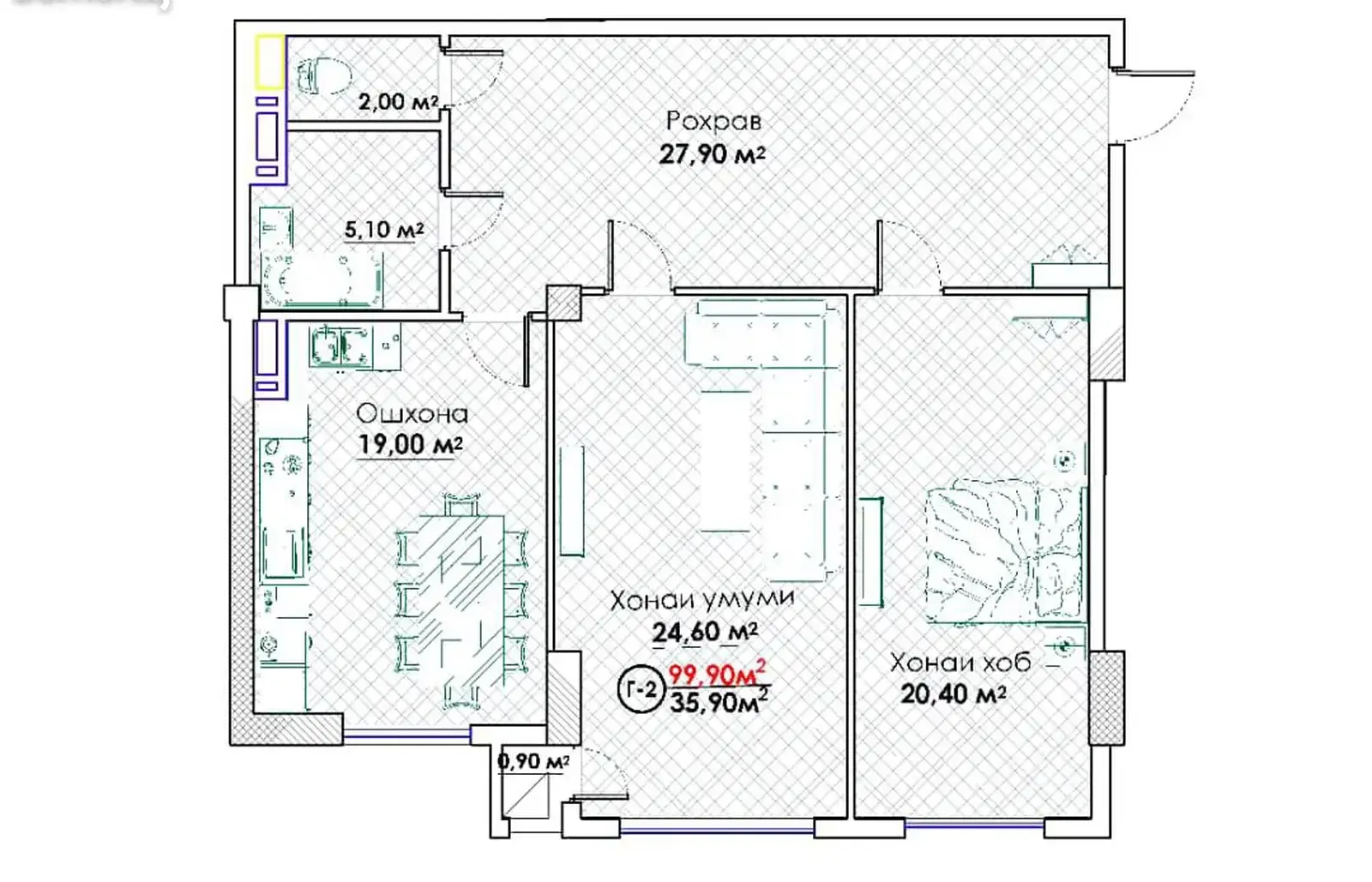 2-комн. квартира, 5 этаж, 100 м², Исмоили Сомони, Спартак, Кольцевой Пивзавод — фото 3
