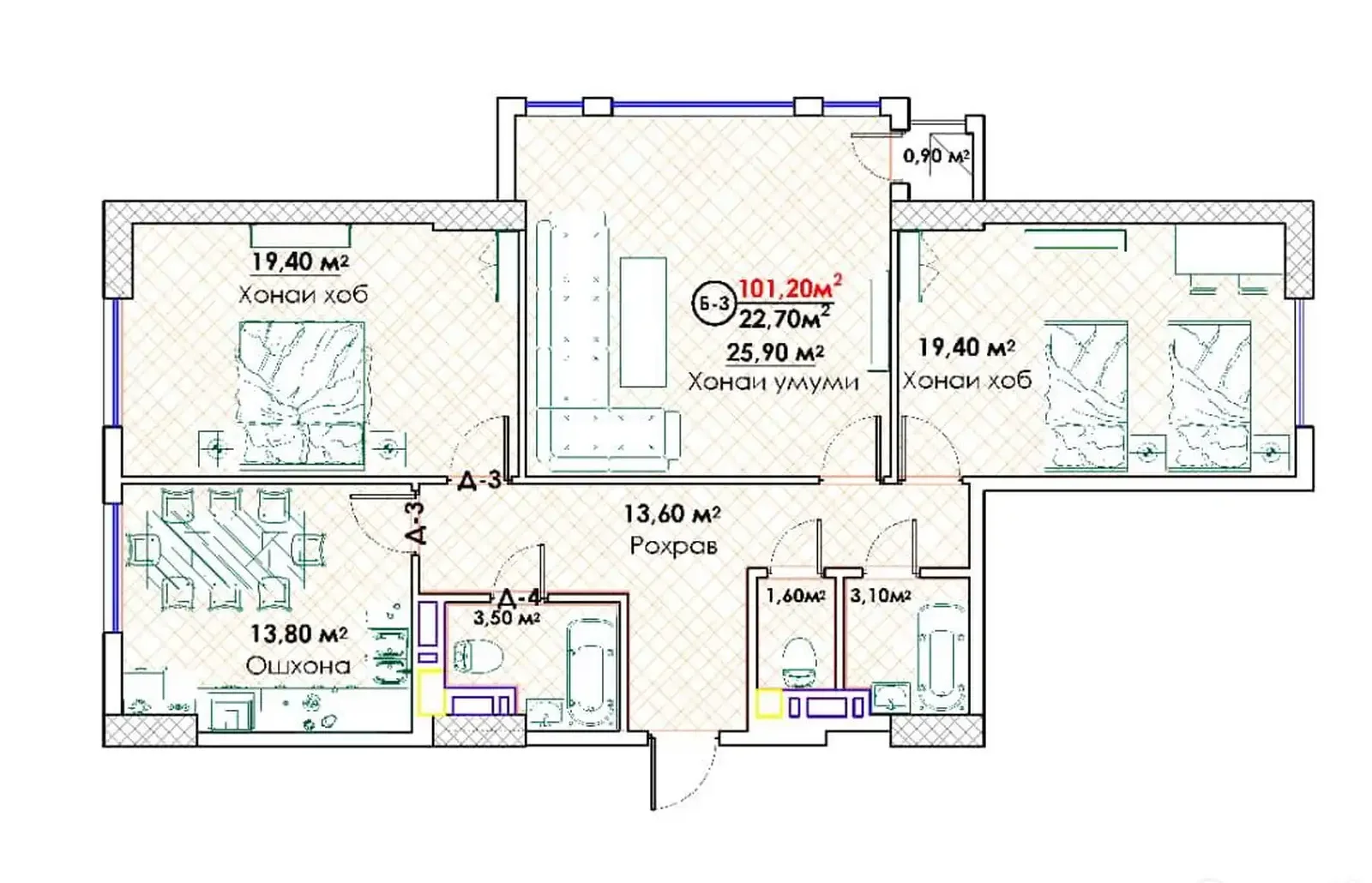 3-комн. квартира, 8 этаж, 101 м², Исмоили Сомони Спартак — фото 6