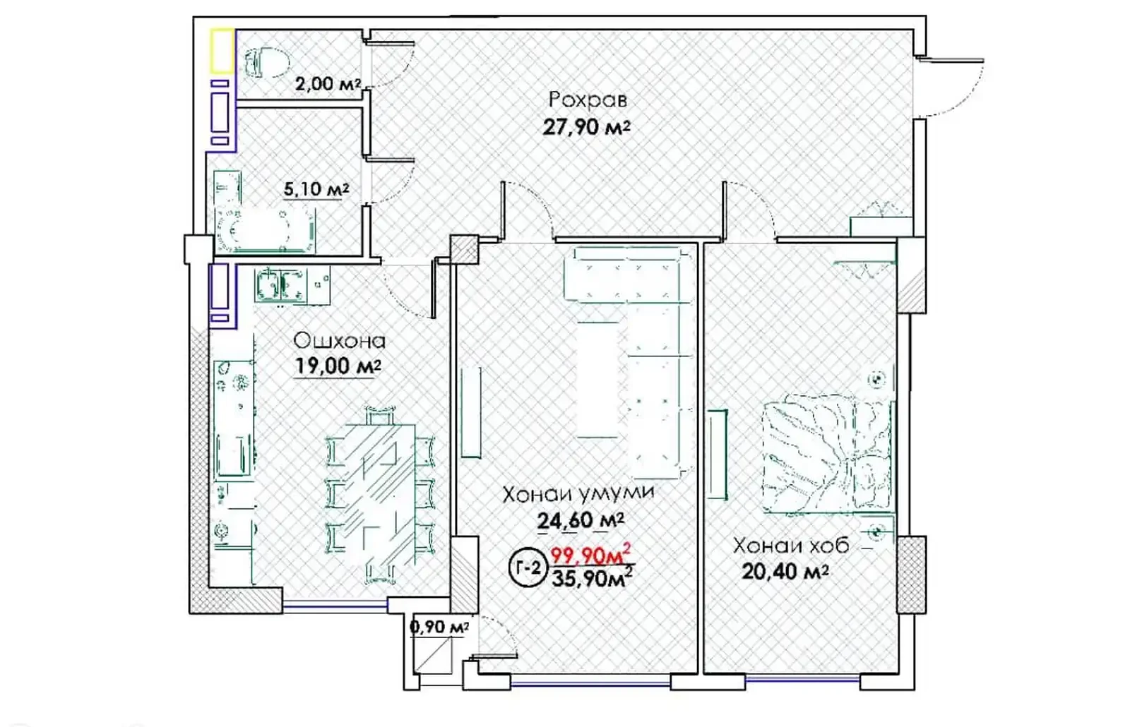 2-комн. квартира, 5 этаж, 100 м², Исмоили Сомони Спартак — фото 6