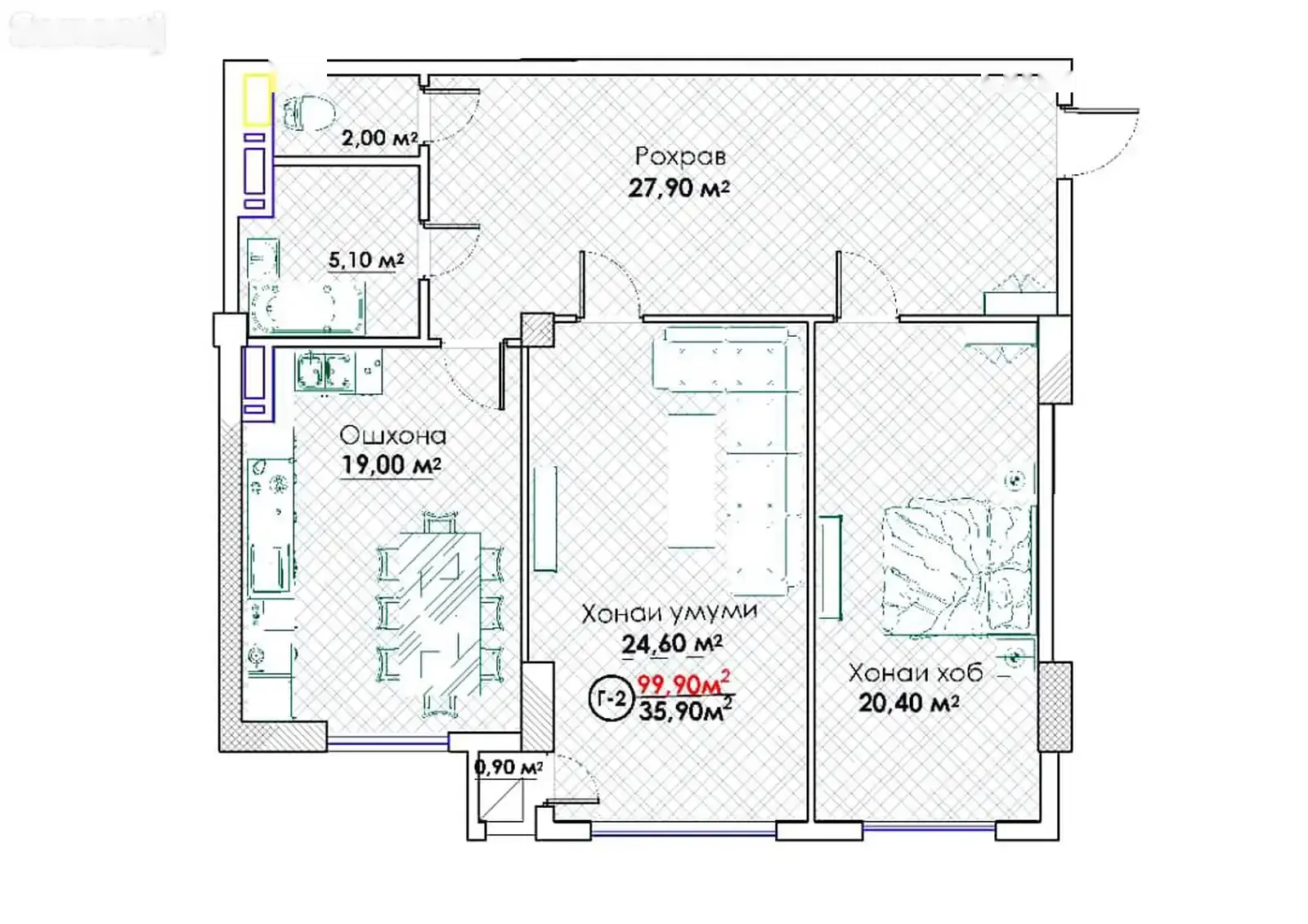 2-комн. квартира, 5 этаж, 100 м², И. Сомони — фото 3