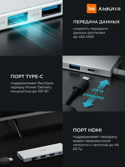 Хаб-разветвитель Xiaomi 5 в 1 Type-C / USB 3.0 / HDMI 4K / PD 100W — миниатюра 5