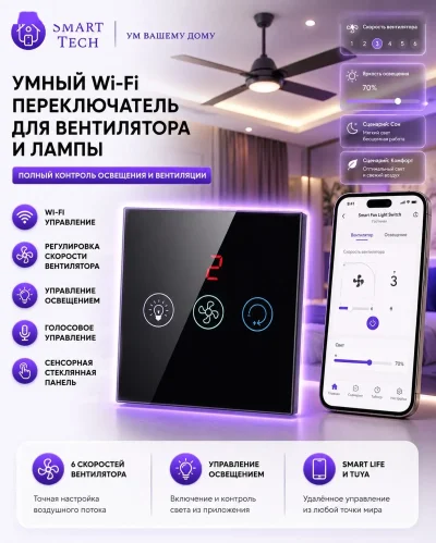 Умный WiFi переключатель для потолочного вентилятора и лампы — миниатюра 3