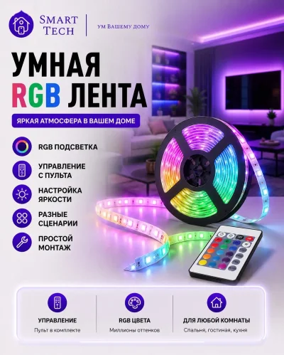 Умная светодиодная лента RGB с пультом — миниатюра 3