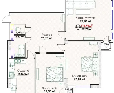 3-комн. квартира, 15 этаж, 101 м², Исмоили сомони