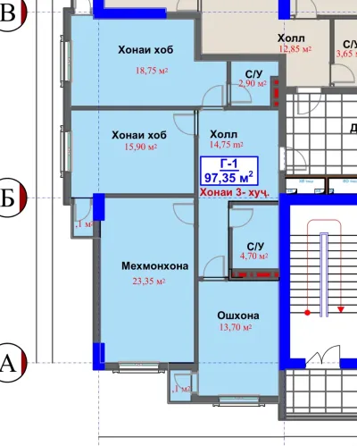 3-комн. квартира, 6 этаж, 97 м², Ёвар главный / Сим Сим / Артел