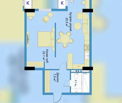 2-комн. квартира, 5 этаж, 66 м², Назди Бурак — миниатюра 6