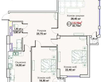 3-комн. квартира, 7 этаж, 116 м², И Сомони — миниатюра 3