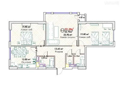 3-комн. квартира, 15 этаж, 101 м², И. Сомони — миниатюра 3