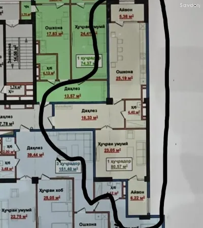 1-комн. квартира, 9 этаж, 80 м², Шохмансур