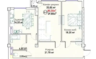 2-комн. квартира, 10 этаж, 83 м², Сомони — миниатюра 3