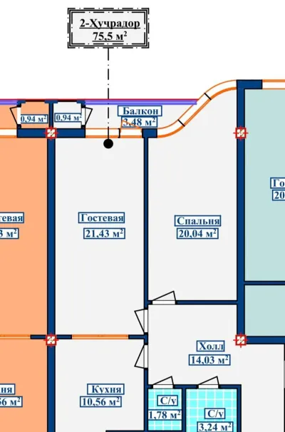 2-комн. квартира, 9 этаж, 75 м², И Сомони — миниатюра 4