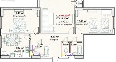 3-комн. квартира, 15 этаж, 101 м², Спартак,Пивзавод — миниатюра 3