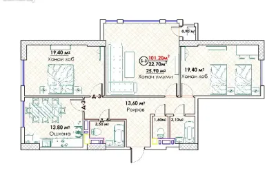 3-комн. квартира, 15 этаж, 101 м², Сомони — миниатюра 3