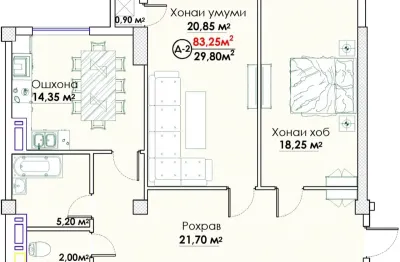 2-комн. квартира, 11 этаж, 84 м², Сомони — миниатюра 3