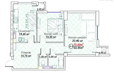 2-комн. квартира, 8 этаж, 73 м², Сомони — миниатюра 3