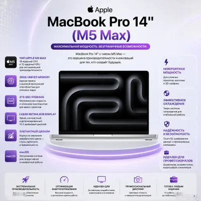 Ноутбук Apple MacBook Pro 14, M5 Max, 36ГБ, 2ТБ SSD, Silver, MGDQ4