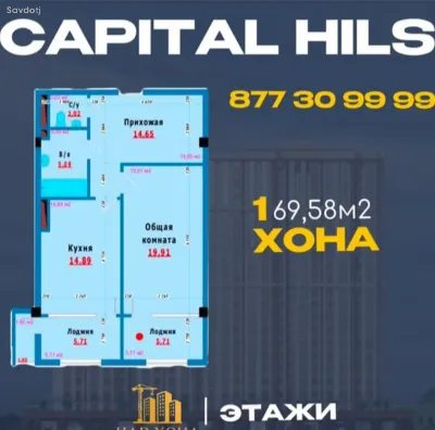 1-комн. квартира, 22 этаж, 69 м², Корвон — миниатюра 2