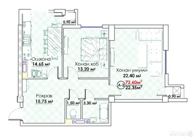 2-комн. квартира, 8 этаж, 73 м², И. Сомони — миниатюра 3