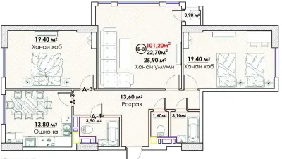 3-комн. квартира, 15 этаж, 101 м², И Сомони — миниатюра 3